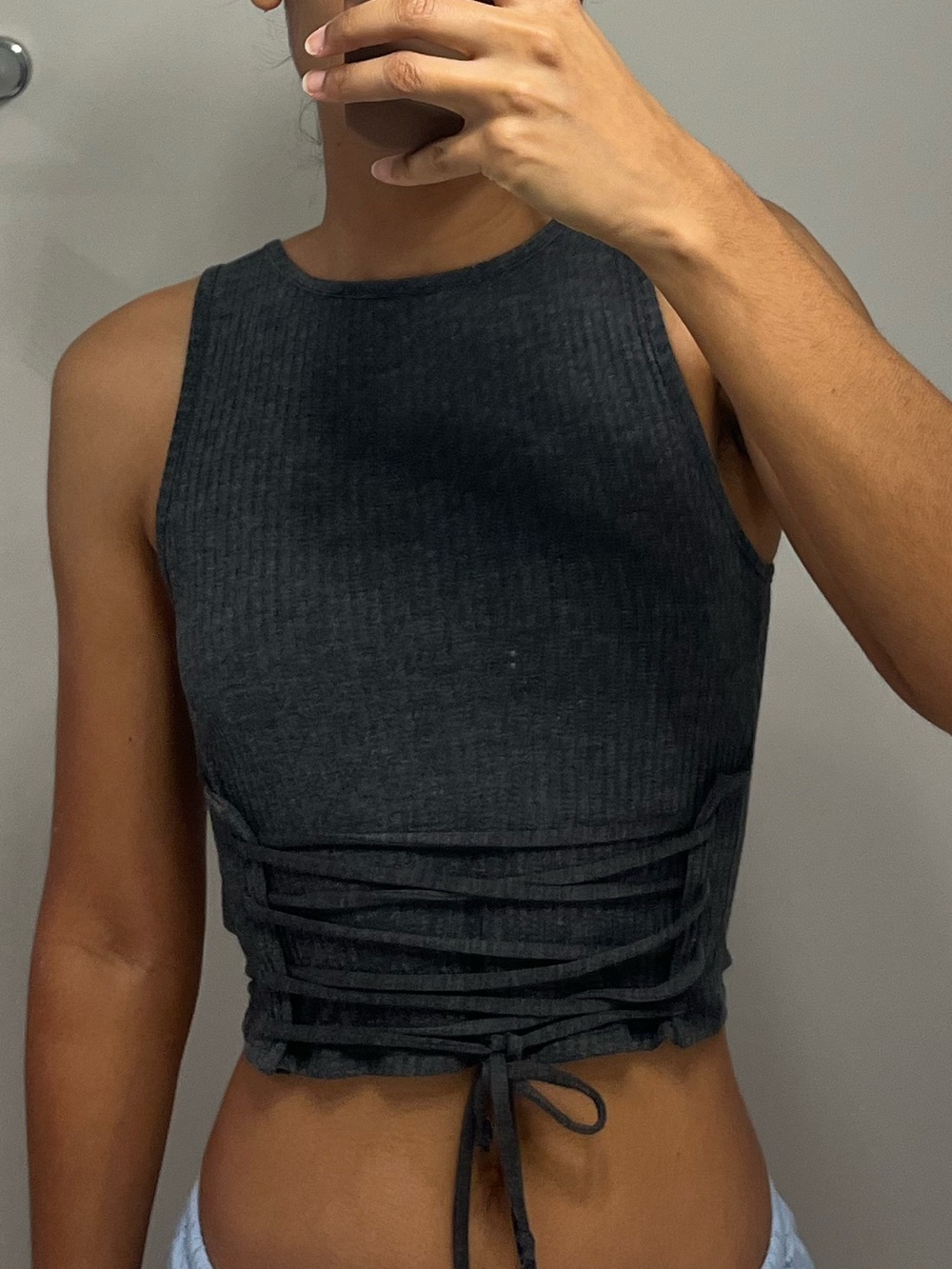 Urban Outfitters Grey Lace Up Grey Ribbed Crop Top